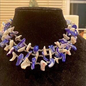 Japan 3 Strand  Dark Blue Shell Necklace in Silver Tone